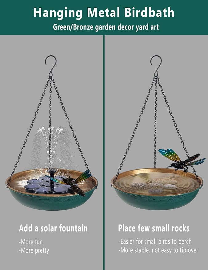 Hanging Birdbath Bird Feeder for Outdoor 11 Inch Green/Bronze Cute Metal Bird - Image 6