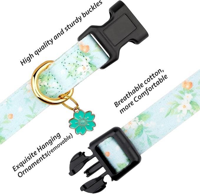 Cotton Handmade Dog Collar Cute and Distinctive Patterns Light Green Flower - Image 2
