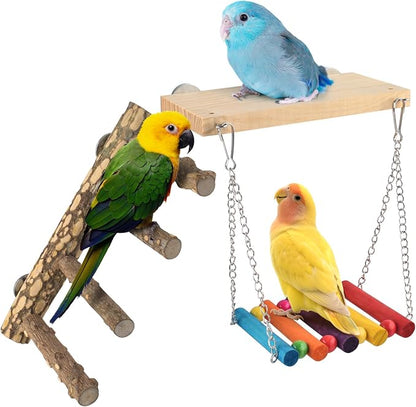 3in1 Bird Perch Toys for Parrots, Wooden Ladder Perch for Cage, Parrot Platform by DBNESS