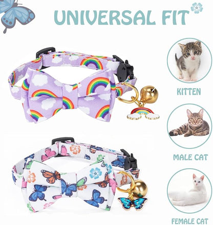 Breakaway Cat Collar with Cute Bow Tie Bell 2Pack Rainbow Butterfly Pattern - Image 4