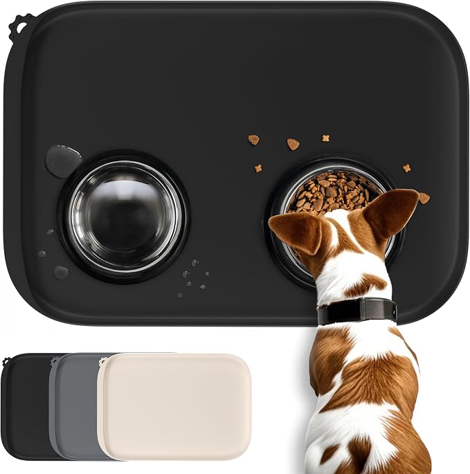 Silicone Dog Food Mat with Side Pocket & Hook Hole, Soft Raised Edges, Easy by Conlun