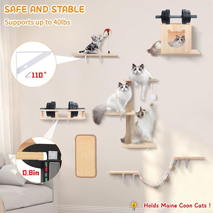 Cat Wall Shelves, Solid Wooden Wall-Mounted Cat Furniture, Steps and Scratcher - Image 3