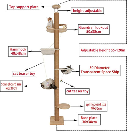 Floor to Ceiling Cat Tree Height Adjustable Cat Tower 5 Tier Hemp Scratching - Image 4