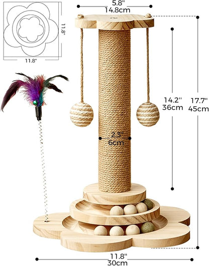 Cat Scratching Post, 4 in 1 Wooden Cat Scratcher Toy, 17.7" Tall Scratch Post - Image 6