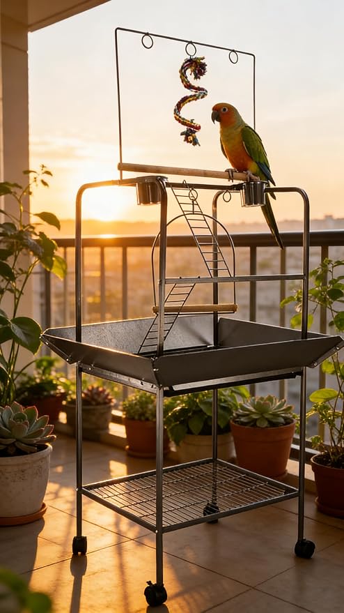 62 Inch Bird Cage with Wooden Perches, Standing Wrought Iron Birdcage with - Image 2