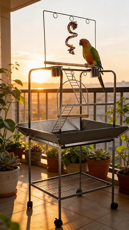 62 Inch Bird Cage with Wooden Perches, Standing Wrought Iron Birdcage with - Image 2