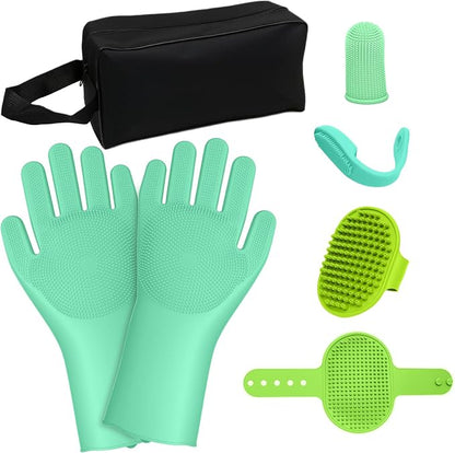 7PCS Dog Washing Gloves | Dog Bath Brush | Storage Bag | Dog Finger Toothbrush - Image 9