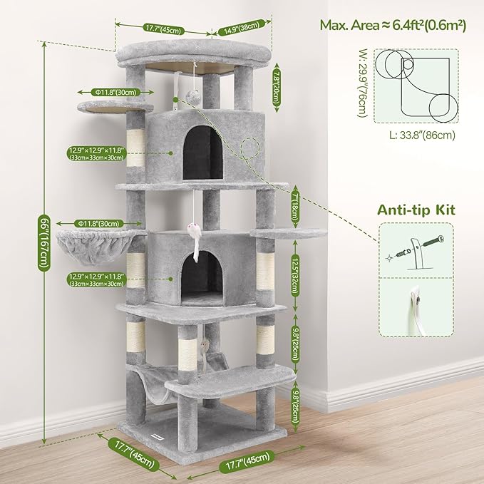 Globlazer Corner Cat Tree for Large Cats, 66inch Tall Curved Series Large Cat - Image 7