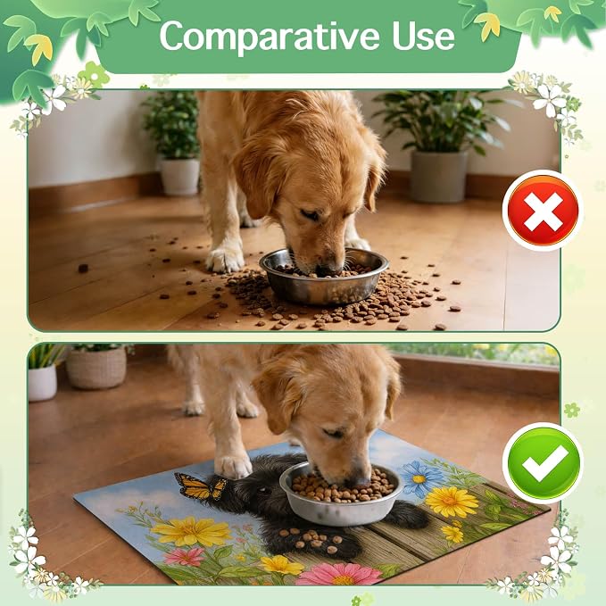 Spring Pet Feeding Mat 24" x 16"Puppy and Butterfly Floral Garden Design Non - Image 7