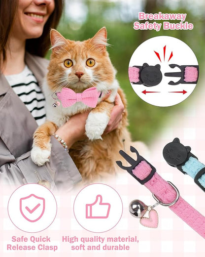 Cat Collar Breakaway with Bells, Soft Cotton Pink Cat Bowtie Collar - Image 7