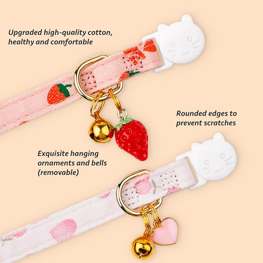 2 Pack Cotton Breakaway Cat Collar Pink Strawberries and White Heart Shaped - Image 2