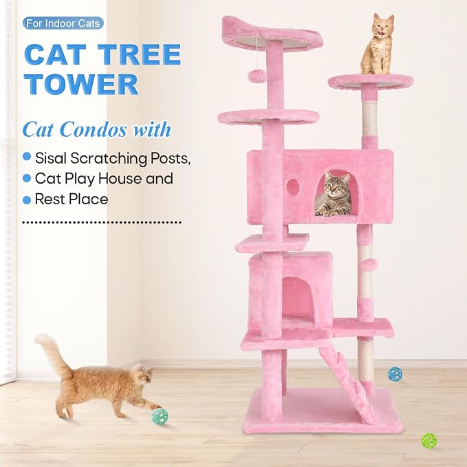 FDW | 54" Cat Tree Tower | Pink | Multi-Level Indoor Activity Center - Image 2