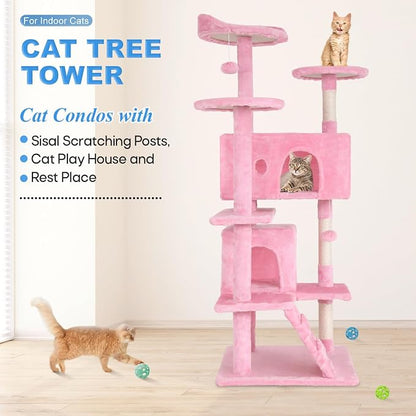 FDW | 54" Cat Tree Tower | Pink | Multi-Level Indoor Activity Center - Image 2