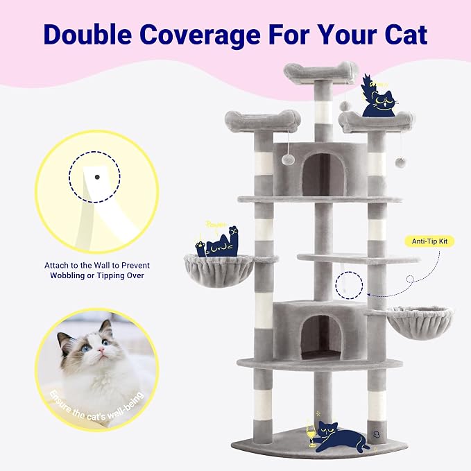 Allewie 73in Fan-Shaped Space-Saving Corner Cat Tower/Multi-Level Tall Cat Tree - Image 3