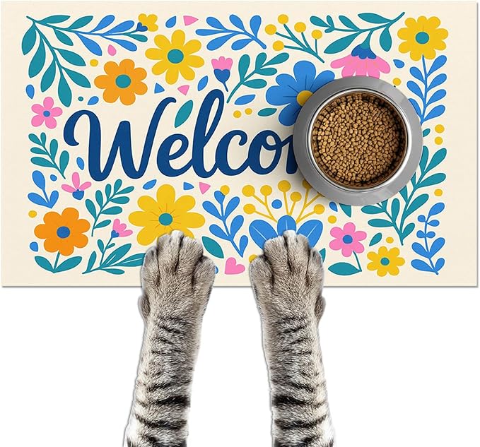 Daisy Flower Pet Food Mat 20" x 12" Welcome Sign Pet Feeding Mat Non Slip Mats by HOMETITUTE