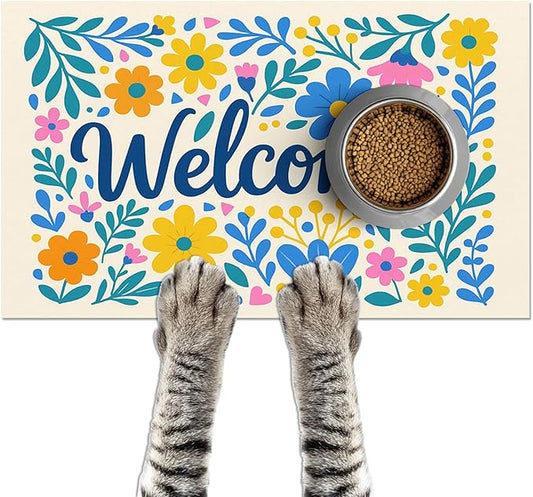 Daisy Flower Pet Food Mat 20" x 12" Welcome Sign Pet Feeding Mat Non Slip Mats by HOMETITUTE