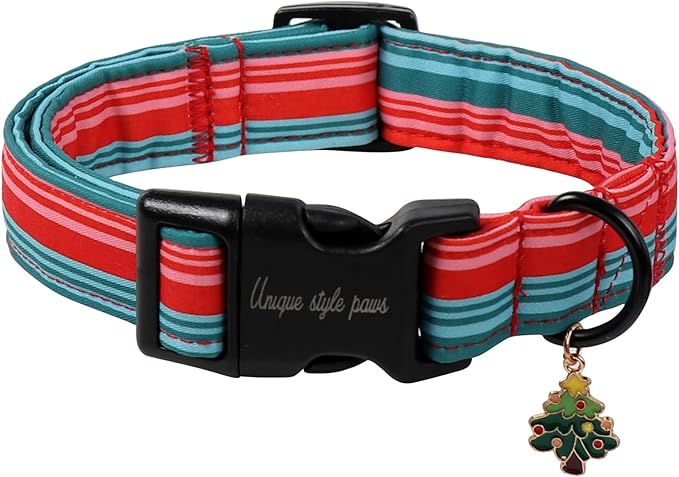 Christmas Dog Collar, Unique Style Paws Red Green Strips Dog Collar by Uniquestylepaws