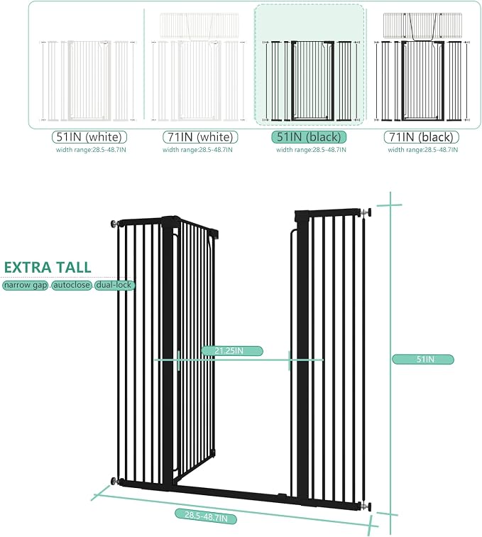 51" Extra Tall Cat Gate for Doorway Auto Close Encrypted Cat Gate 28.5"-48.7" - Image 3