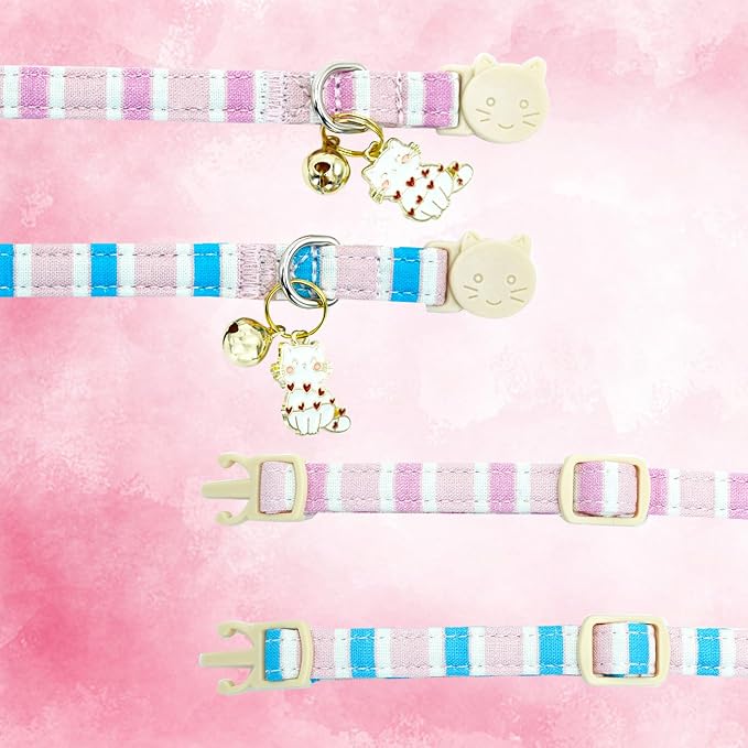 Elegant little tail 2 Pack Cat Collar-Pink Strip Cotton Breakaway Cat Collars - Image 3