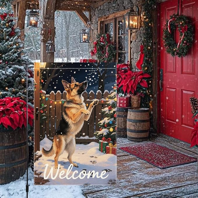 German Shepherd Welcome Garden Flag 12x18 Inch Double Sided Winter Christmas - Image 2