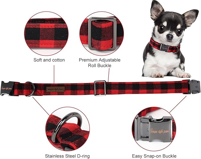 Unique style paws Christmas Dog Collar Metal Buckle Red Black Plaid Puppy - Image 2
