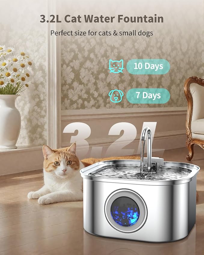 Cat Water Fountain Stainless Steel, 3.2L/108oz Cat Fountain - Image 2