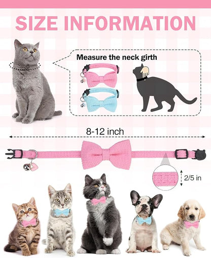 Cat Collar Breakaway with Bells, Soft Cotton Pink Cat Bowtie Collar - Image 5