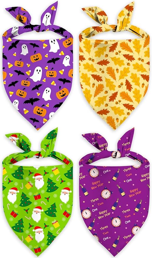 Holiday Dog Bandanas 4 Pack, Halloween Thanksgiving Christmas New Year by Unknown