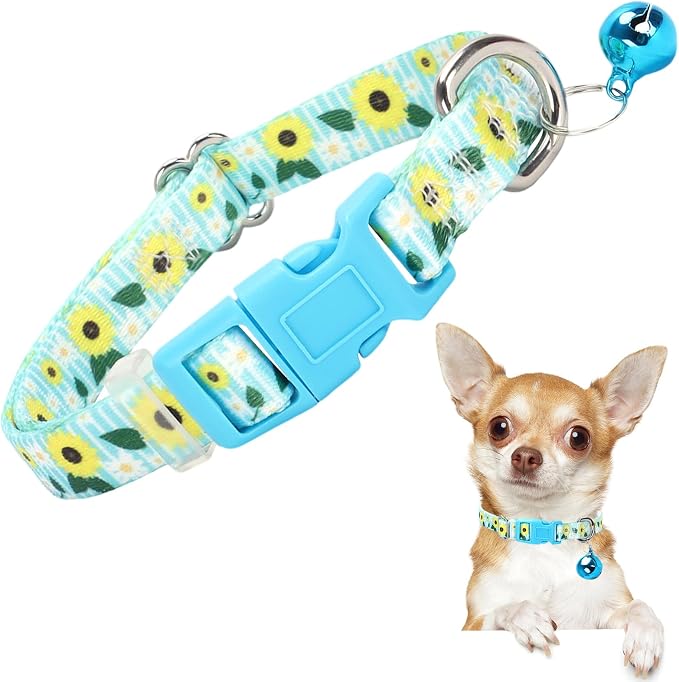 Small Dog Collar with Bell for Small Dogs, Adjustable Sunflower Print Collar by ONEFOJOJO