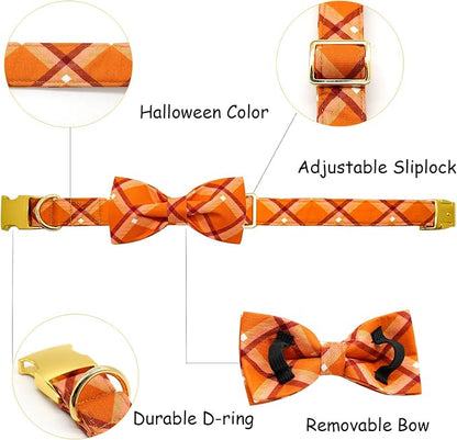 Fall Dog Collar, Pet Collar Bow Orange Plaid Collars Girl Boy Holiday Pet - Image 2