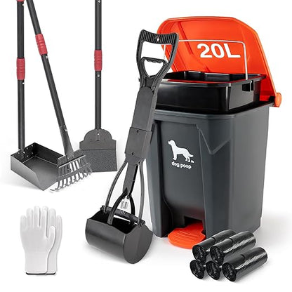 Dog Pooper Scooper, Long Handle Tray & Rake, 60 Waste Bags, Dog Waste Large Bin by HWPZE