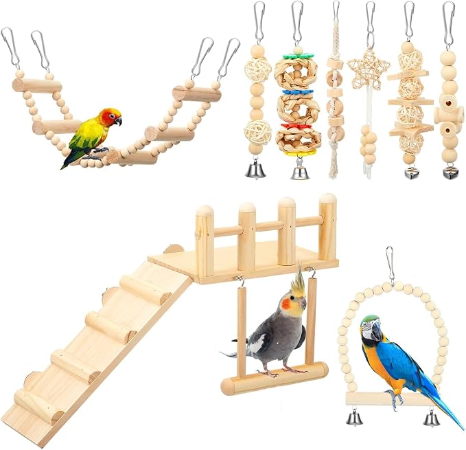 Morezi Bird Swing for cage Parakeet Parrot Swing Wood Hemp Rope Ladder Toy Play by Morezi