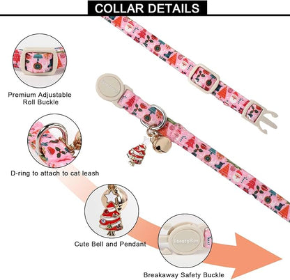 Lionet Paws 2pcs Pack Christmas Cat Collar, Ho Christmas Tree & Pink Stripes - Image 2