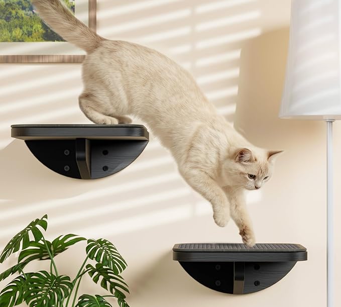 Grey Sisal-Padded Cat Wall Steps, Floating Wooden Cat Perch and Climbing Step - Image 2