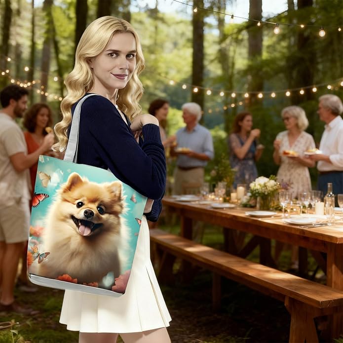 Cute Dog with Butterfly and Floral Design Tote Bag with Zipper Closure Outdoor - Image 5