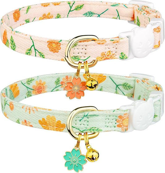2 Pack Cotton Breakaway Cat Collar Beige and Green Flowers Pendant Cute Kitten by Fyeqyaou