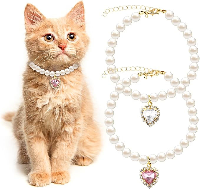2pcs Cute Girl Cat Collar, Fancy Dog Pearl Necklace Collars Adjustable Pearl by Tyqour