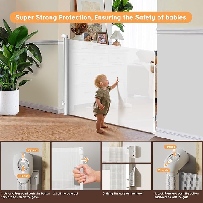 Retractable Baby Gate for Stairs, Automatic Tension, One-Hand Operation - Image 4