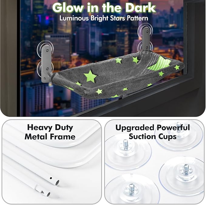 Cat Window Perch, Glow in The Dark Cordless Foldable Pet Hammock Bed - Image 3