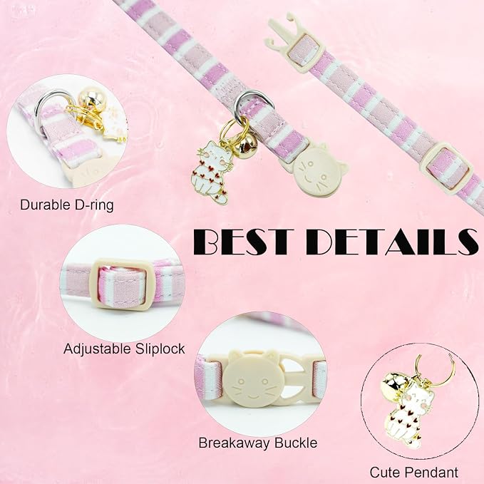 Elegant little tail 2 Pack Cat Collar-Pink Strip Cotton Breakaway Cat Collars - Image 2