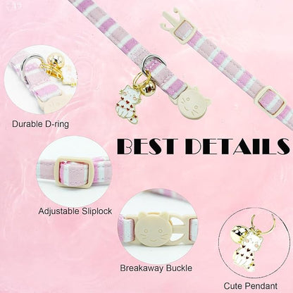 Elegant little tail 2 Pack Cat Collar-Pink Strip Cotton Breakaway Cat Collars - Image 2