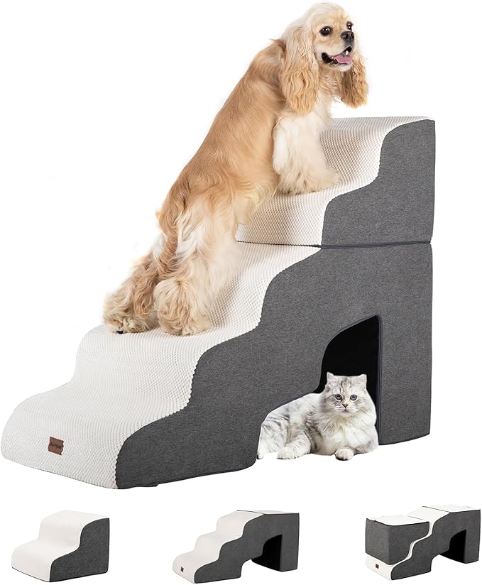 Dog Stairs for High Beds with Tunnel, 5-Step Dog Steps for Small Dogs and Cats by Garnpet
