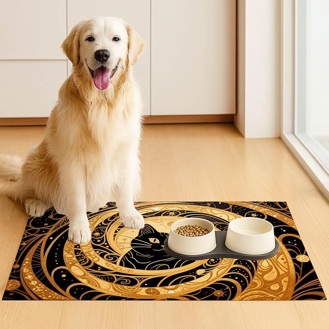 Cat Feedings Mats 20x12 inch Golden Cat Print Pet Bowl Placemat Non Slip Mat - Image 3