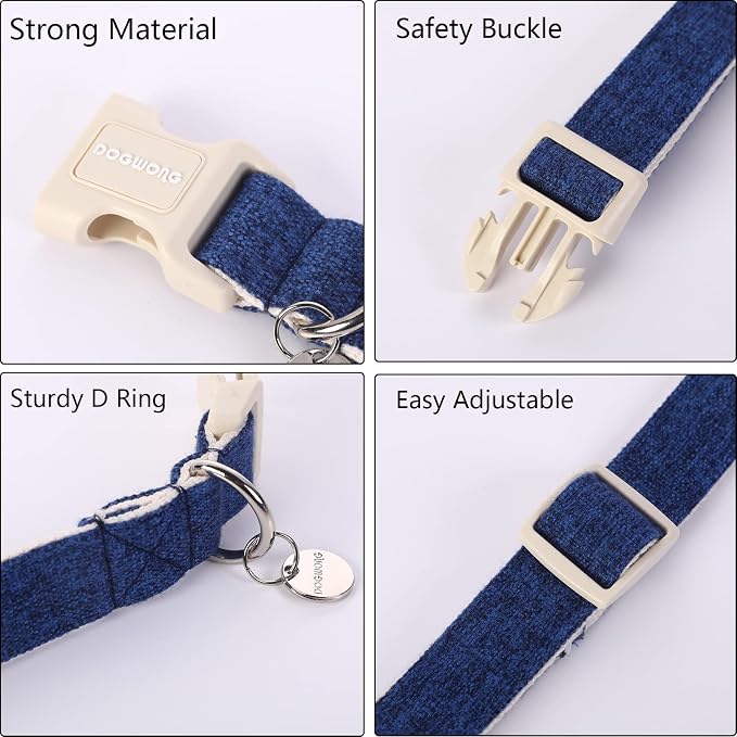 DOGWONG Cotton Hemp Dog Collar, Heavy-Duty Blue Dog Collar Adjustable Soft - Image 2