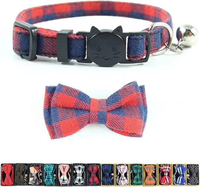 Cat Collar Breakaway with Bell and Bow Tie, Plaid Design Adjustable Safety by Ximipet