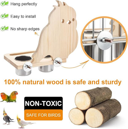 Feeder with Acrylic Mirror & Stainless Steel Bowls, Natural Wood Perch - Image 2