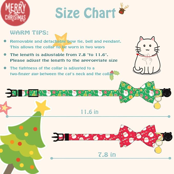 Christmas Cat Collar with Cute Bow Tie Bell 2Pack Red Green Santa Claus - Image 2