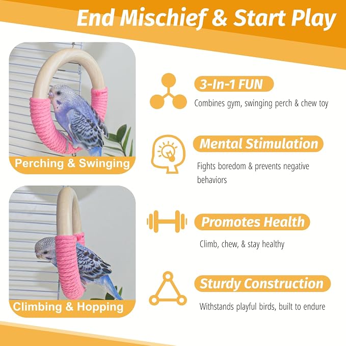 3-Ring Bird Wooden Swing Climbing Toy Chewable Cotton Rope Perch - Image 4