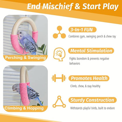 3-Ring Bird Wooden Swing Climbing Toy Chewable Cotton Rope Perch - Image 4