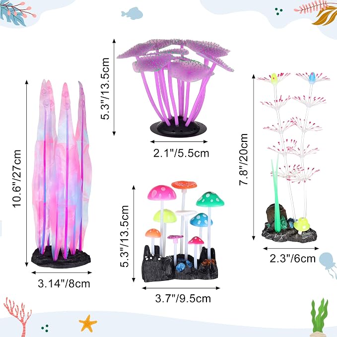 Lpraer 4 Pack Glow Aquarium Decorations Branch Coral Reef Mushroom Seaweed - Image 4